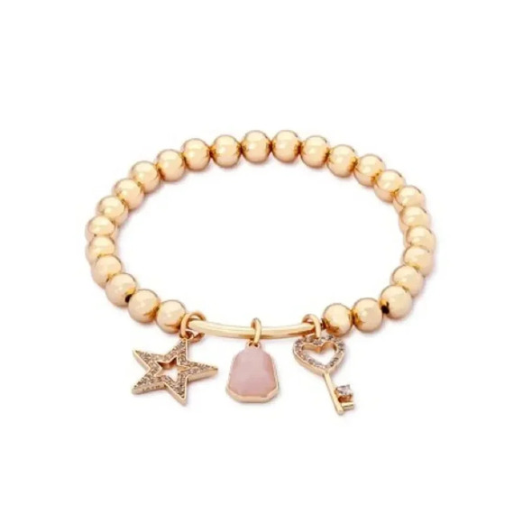 14K Gold Flash-Plated Zirconia Star, Heart Key and Rose Quartz Bracelet NWT - Picture 2 of 2